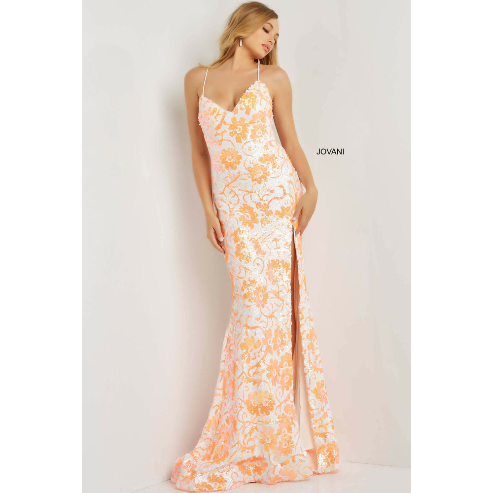 Jovani Ivory Orange Sequin Floral ...